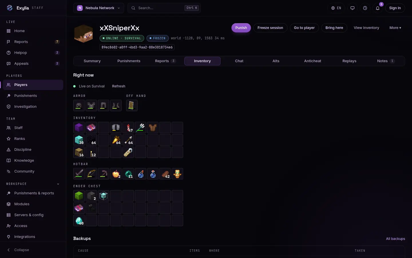 A player profile with its tabs