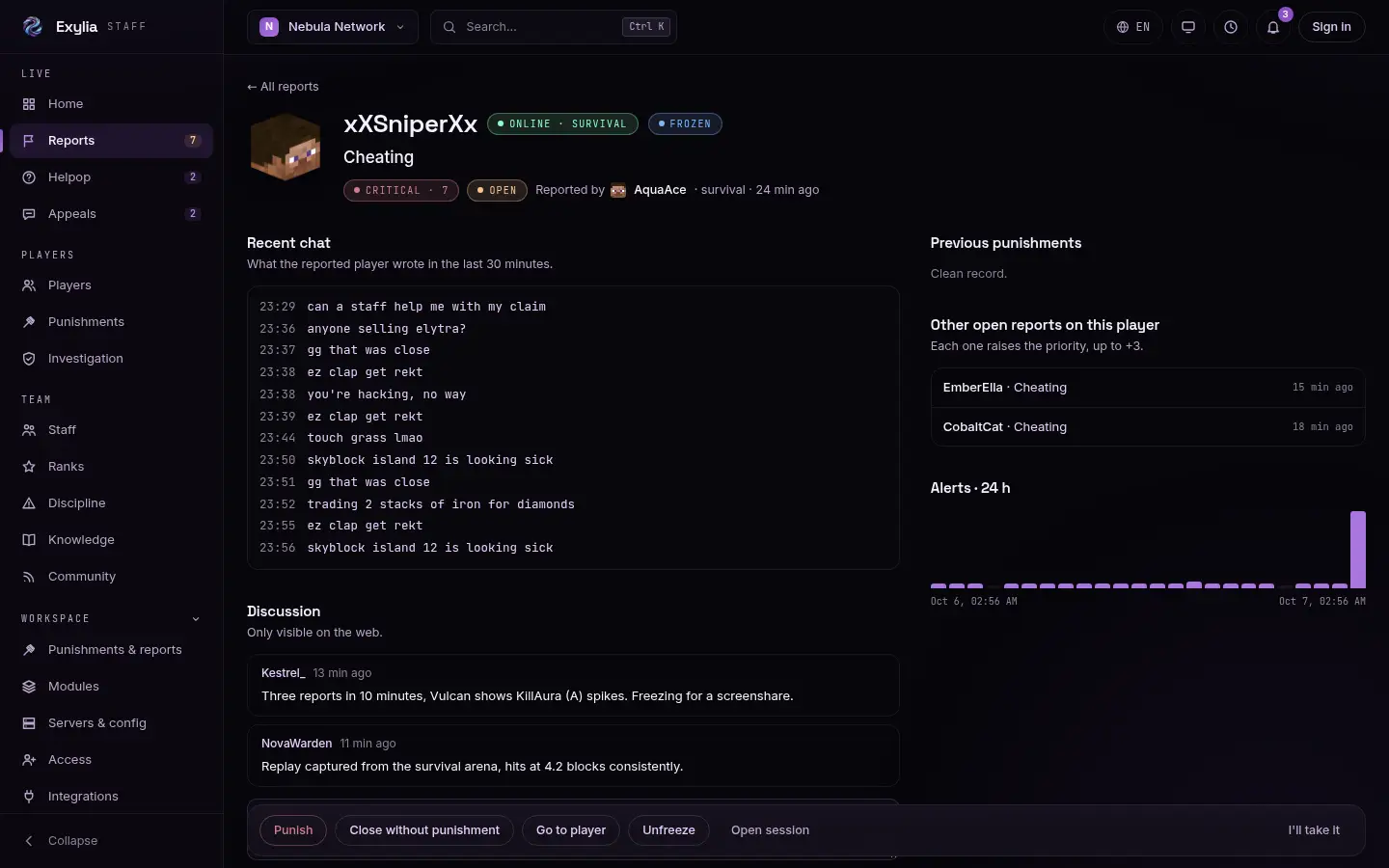 A report with the player's recent chat and history